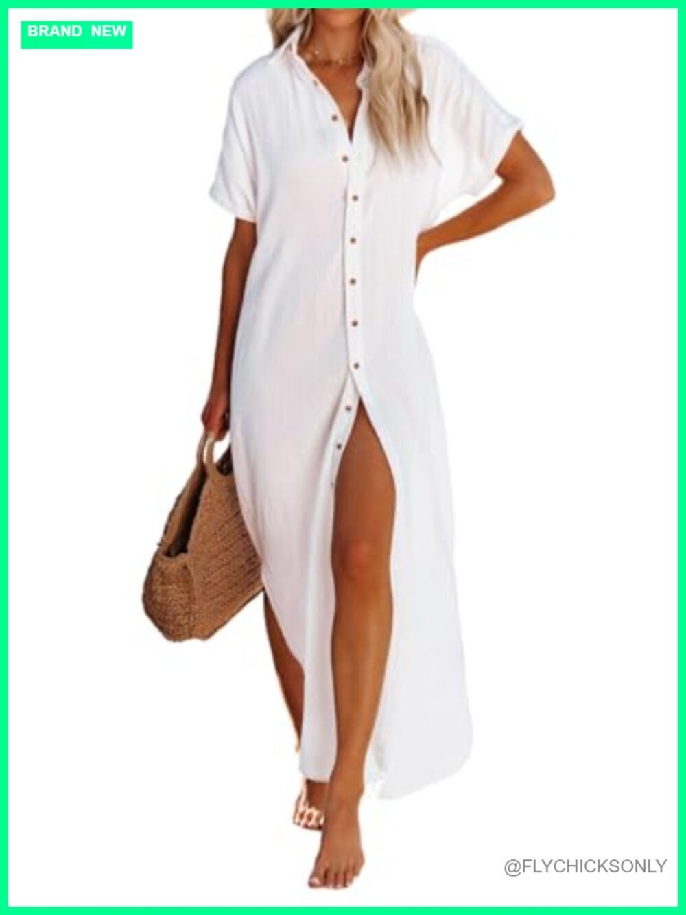Long Cardigan Swimsuit Cover Up - Lightweight Beach Dress, Button Down, Side